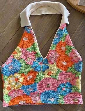 Zara Neon Floral Smocked Cropped Halter Top with Collar, woman’s Large
